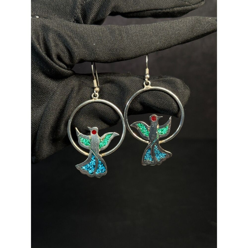Vintage Mexican Alpaca Bird Crushed Stone Earrings 2.47"